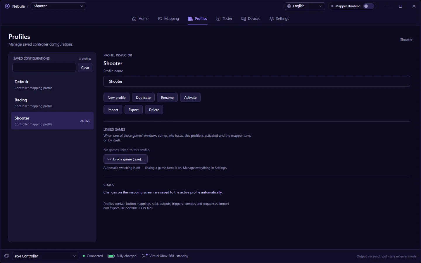 The Profiles page with three profiles: Default, Racing and Shooter (active).