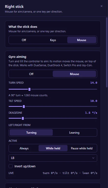Nebula's gyro aiming settings: turn speed, tilt speed and when aiming is active.