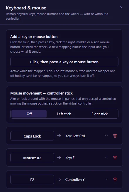 The Keyboard and mouse panel with Caps Lock mapped to Left Ctrl, mouse X2 to F, and F2 to the controller's Y button.